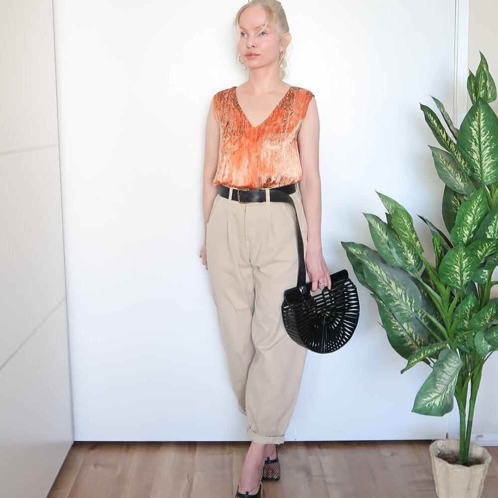 Jaipur Orange Pleated V-neck Tank Top Blouse